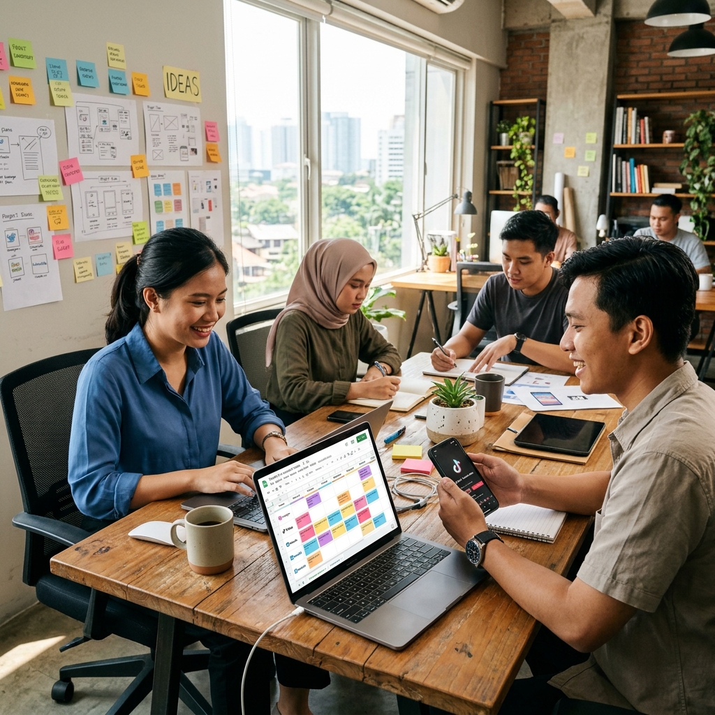 Pengelola media sosial sedang menyusun kalender postingan di laptop